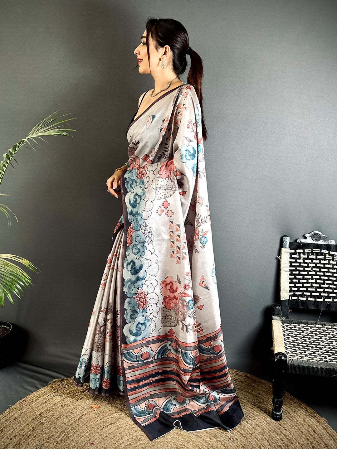 Opulent Floral Kalamkari Tussar Saree