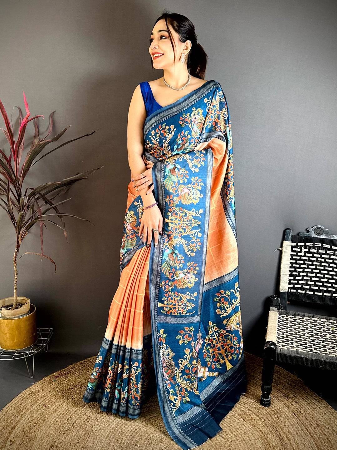 Light Orange Pen Kalamkari Saree