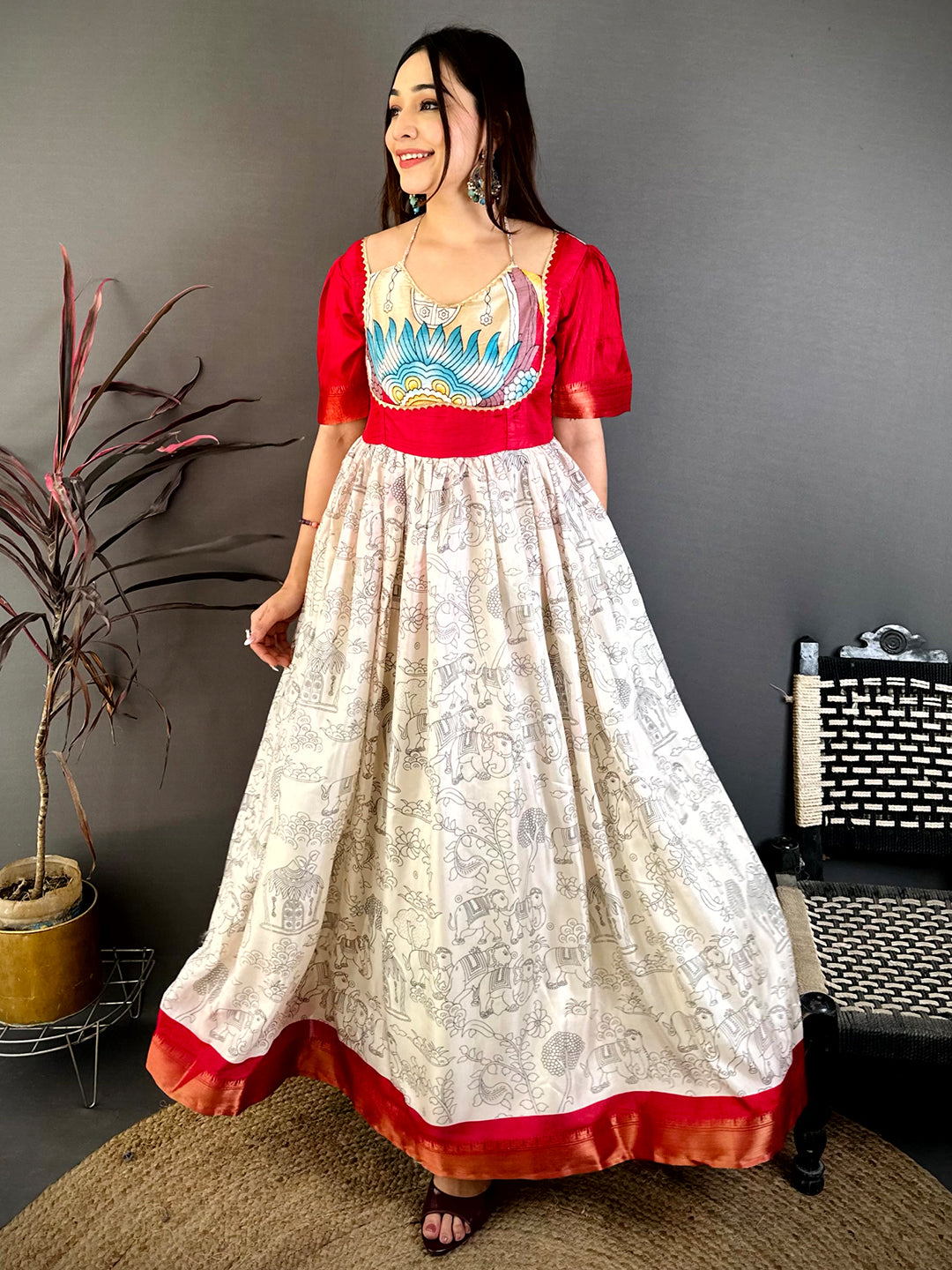 Elegant V Neck Strap Kota Doriya Dress