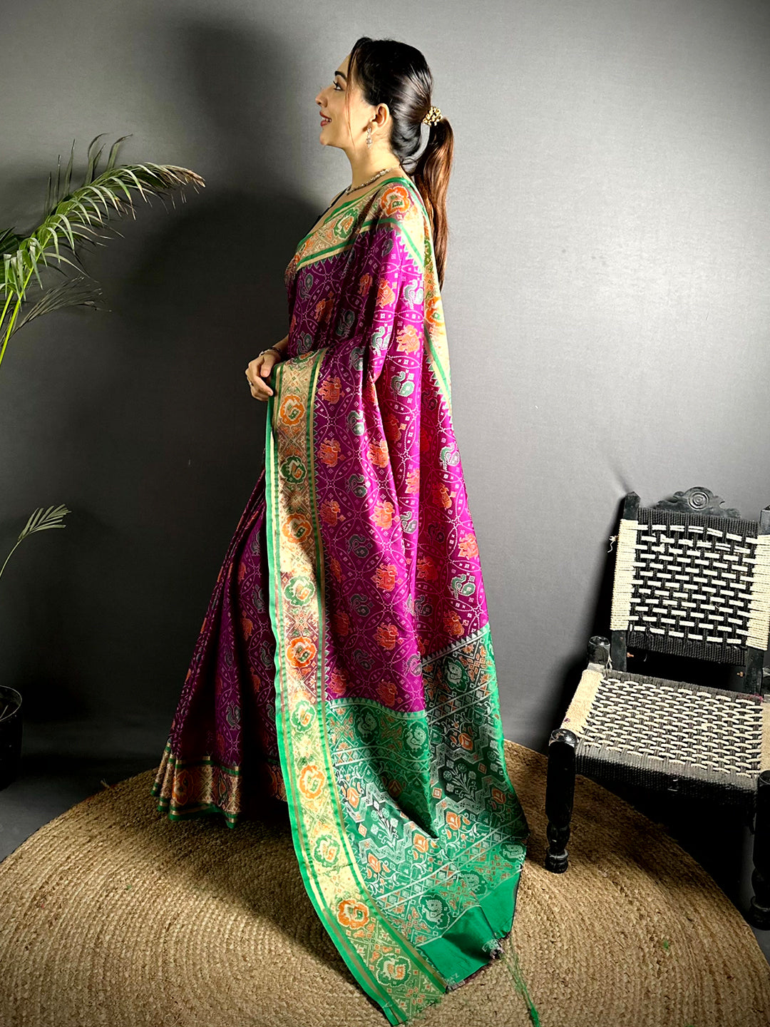 Elegant Wine Pochampally Patola Silk Saree