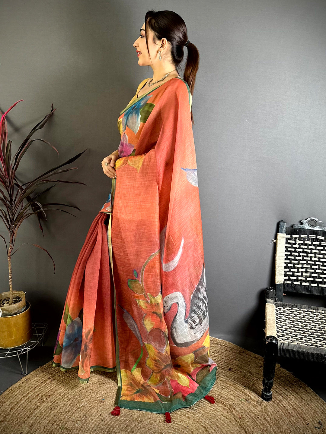 Vibrant Kalamkari Linen Chanderi Saree