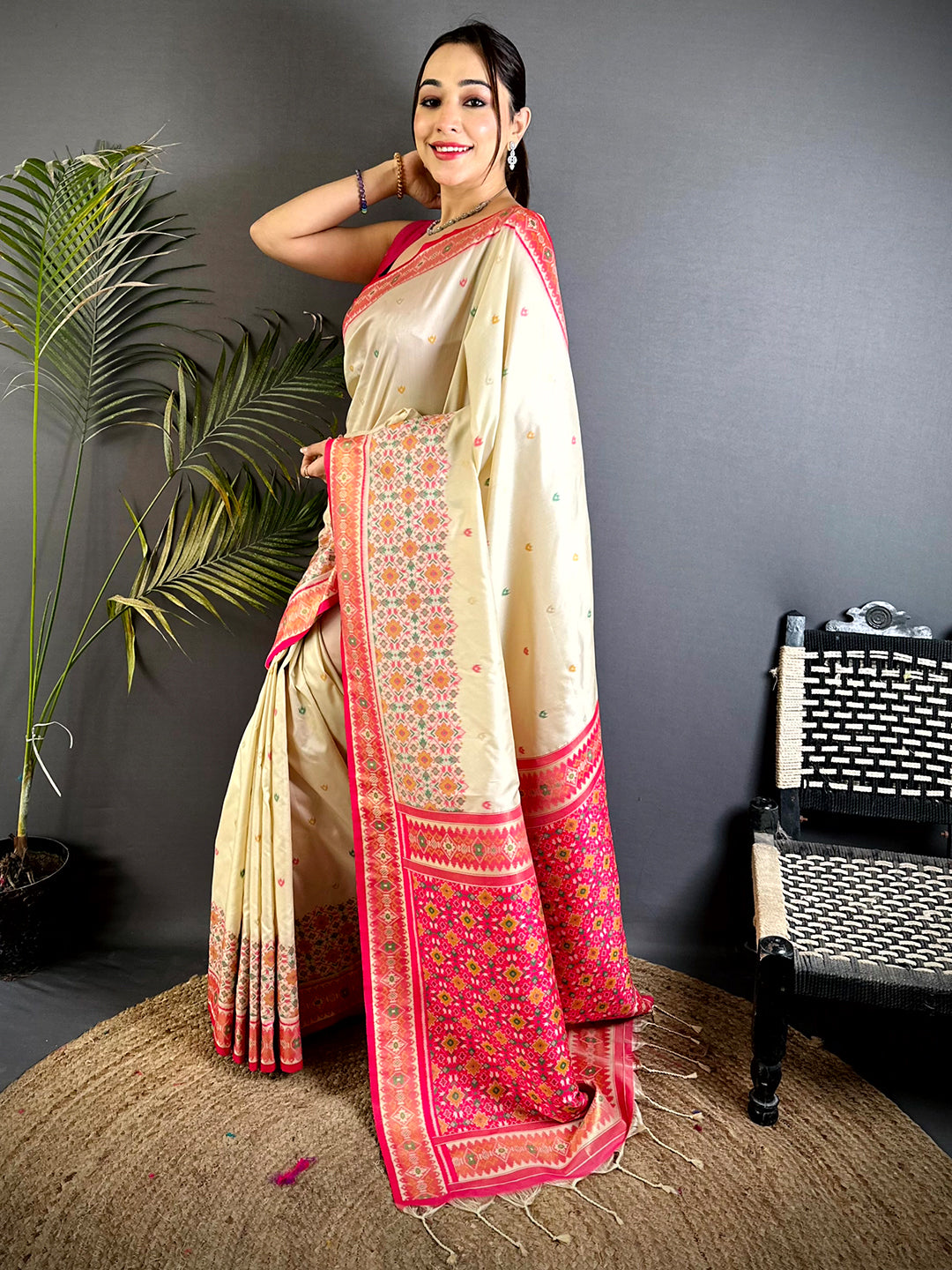 Cream Double Ikat Soft Silk Saree