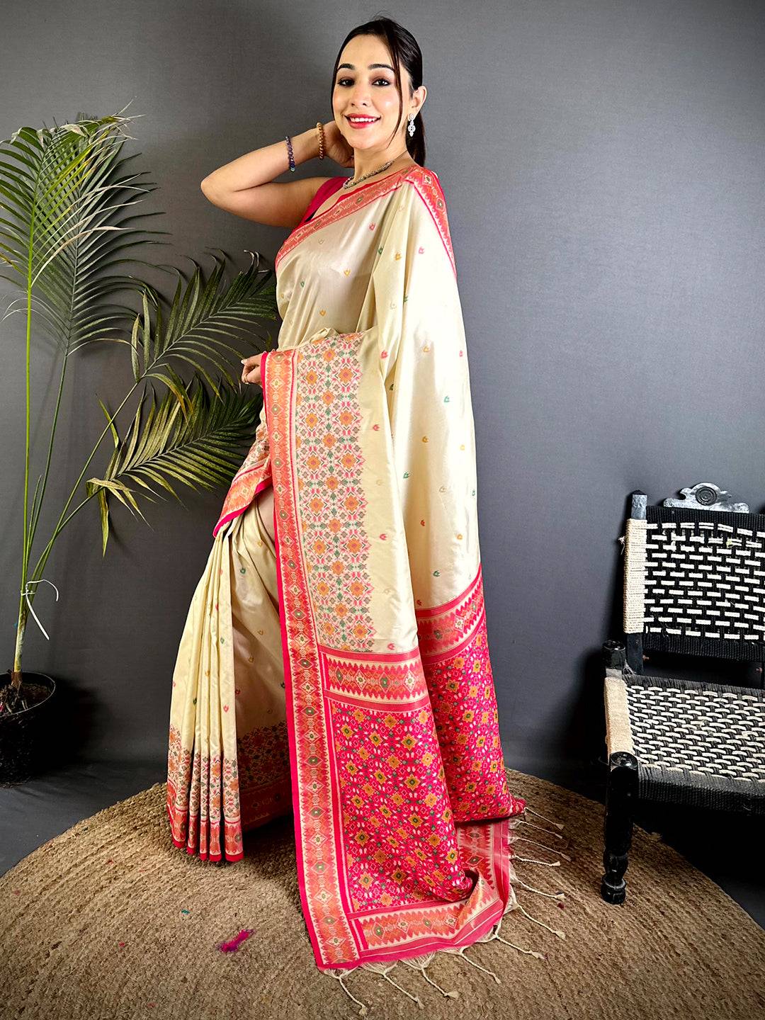 Cream Double Ikat Soft Silk Saree