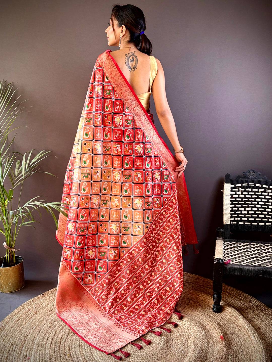 Back view of Ombre Red Patola Print Soft Silk Saree