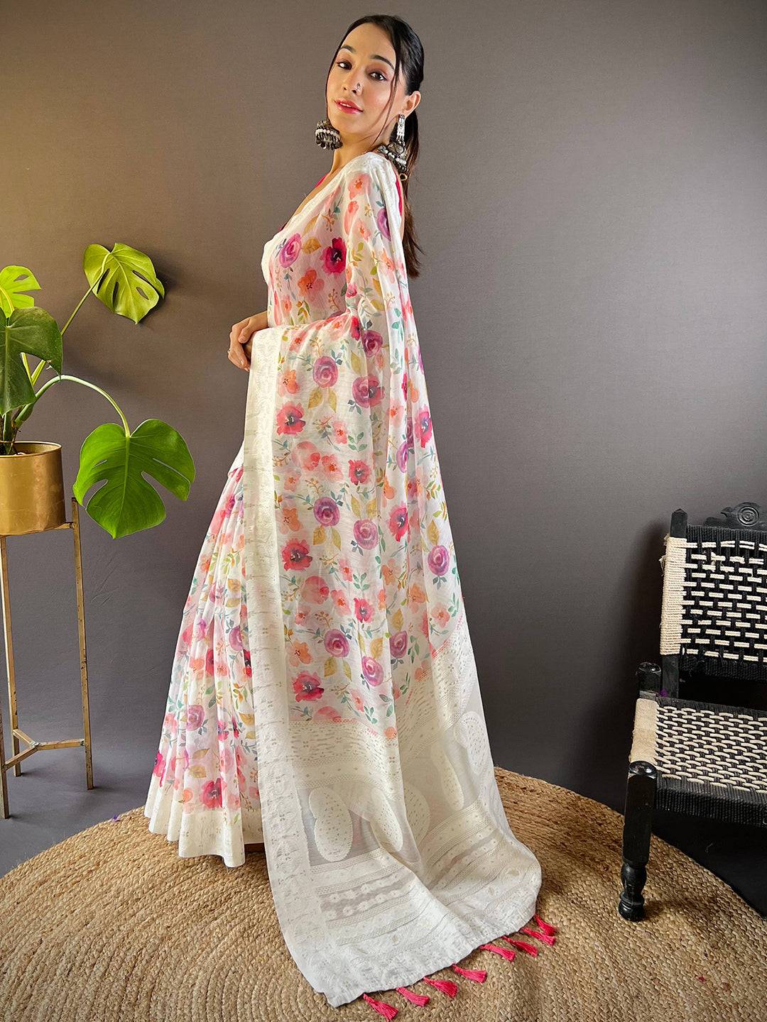 Multicolor Flower Digital Print Saree