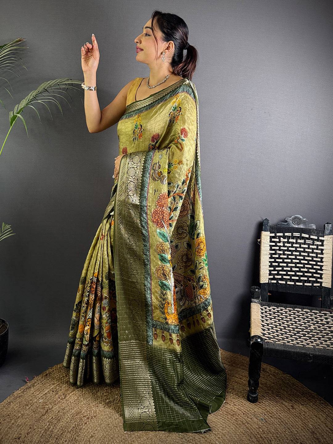Light Green Pure Viscose Floral Printed Saree