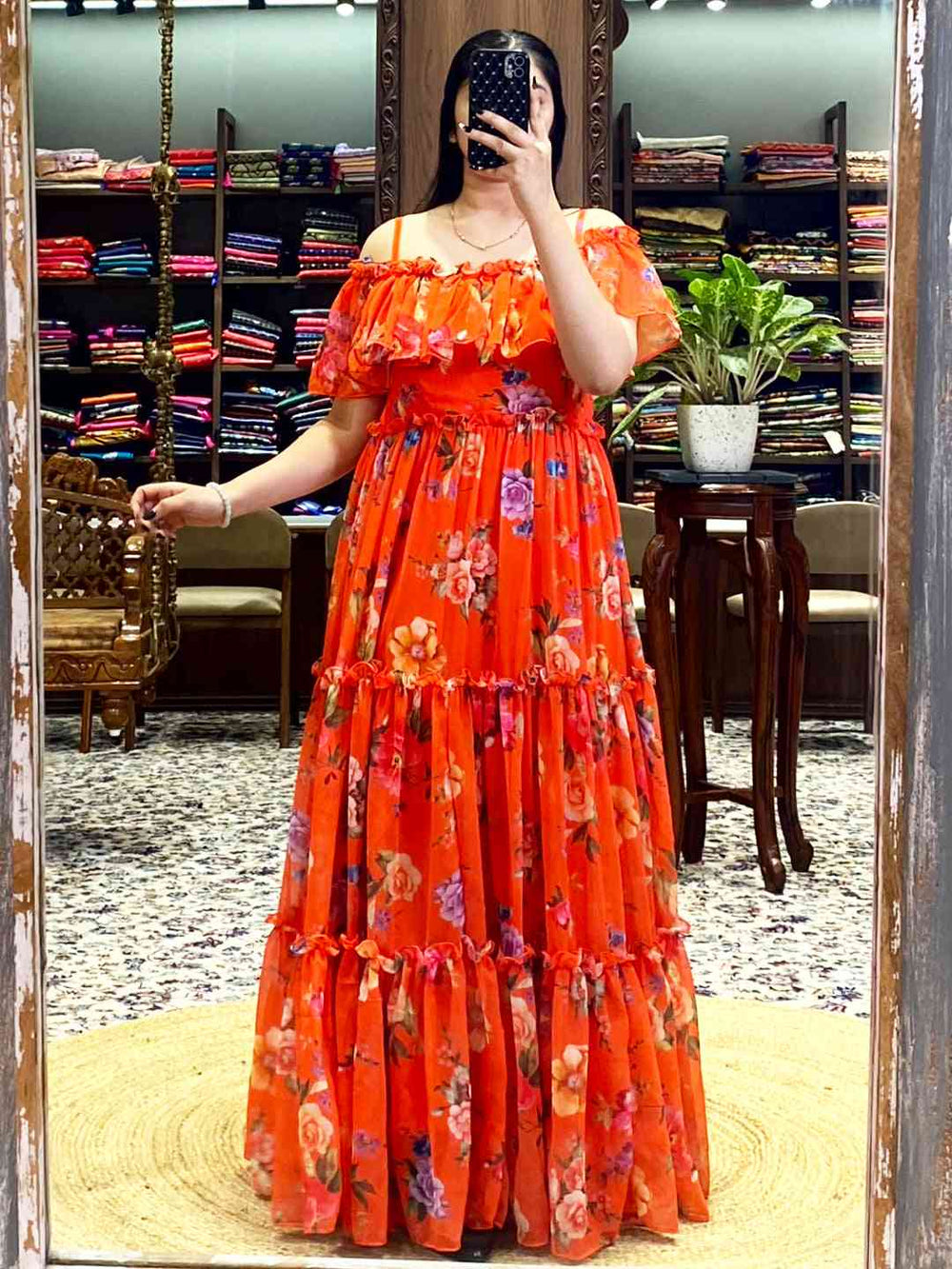 Sunny Orange Georgette Floral Dress
