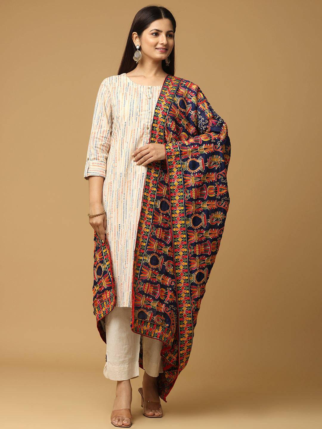 Front view of navy chiffon dupatta with ethnic motifs