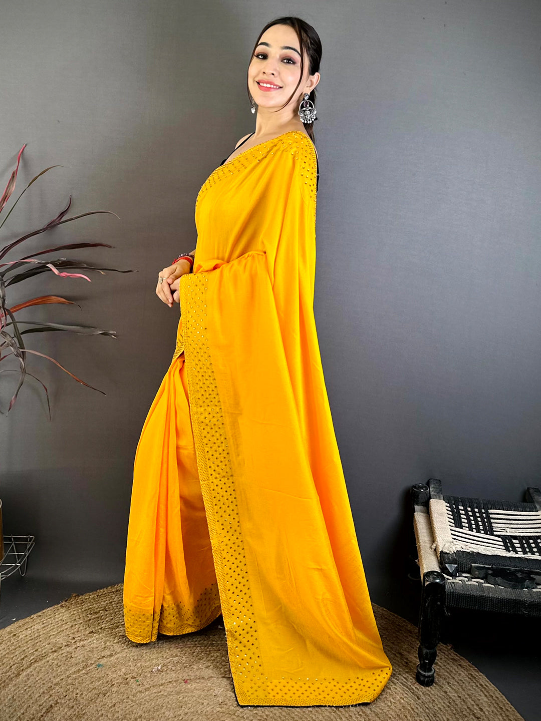 Yellow Vichitra Silk Mirror Work Saree