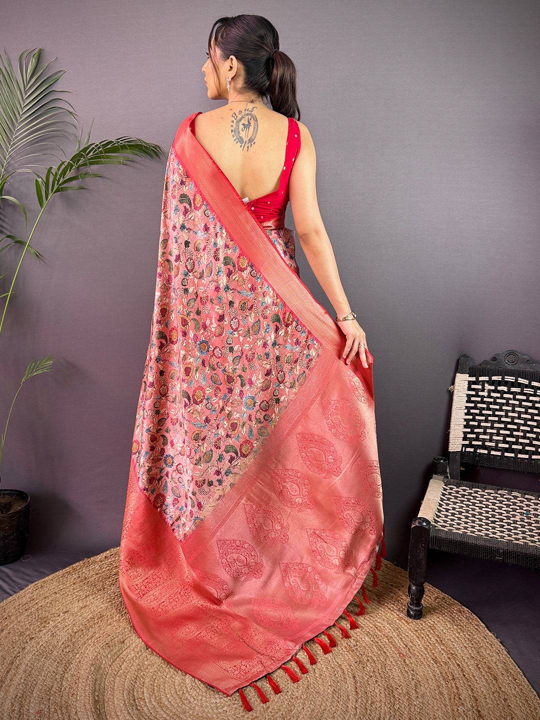 Lavender Cherry Satin Kalamkari Saree