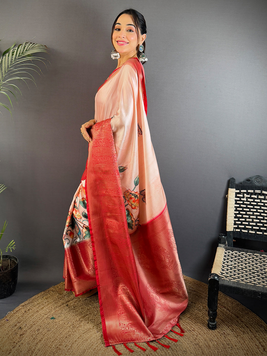 Artful Cherry Satin Kalamkari Printed Saree