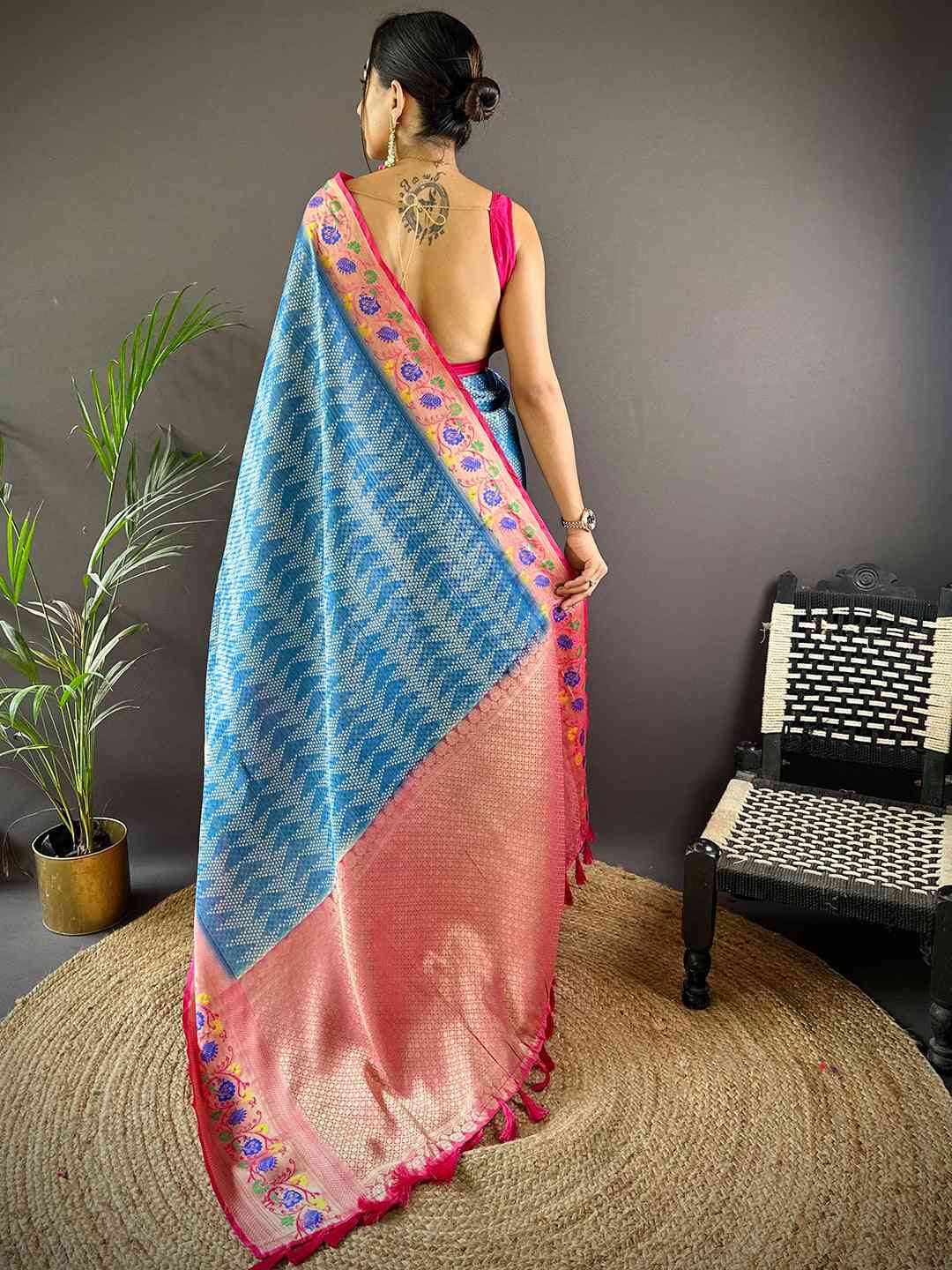 Kora Silk Banarasi Digital Print Saree In Blue Colour