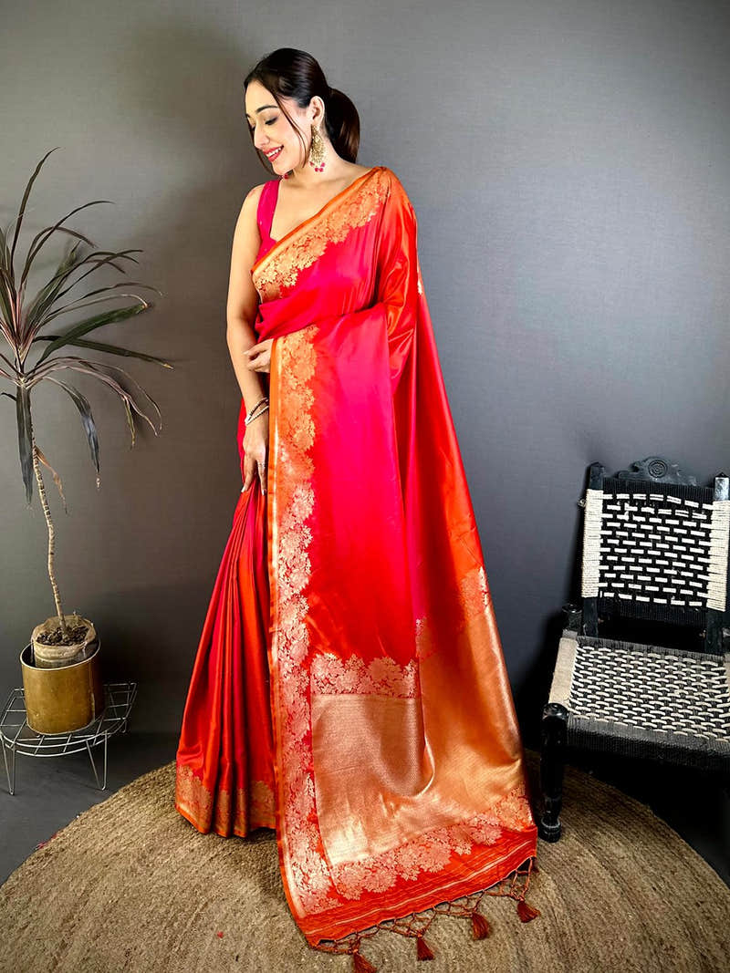 Red Ombre Mashru Silk Saree with Zari Floral Border and Pallu