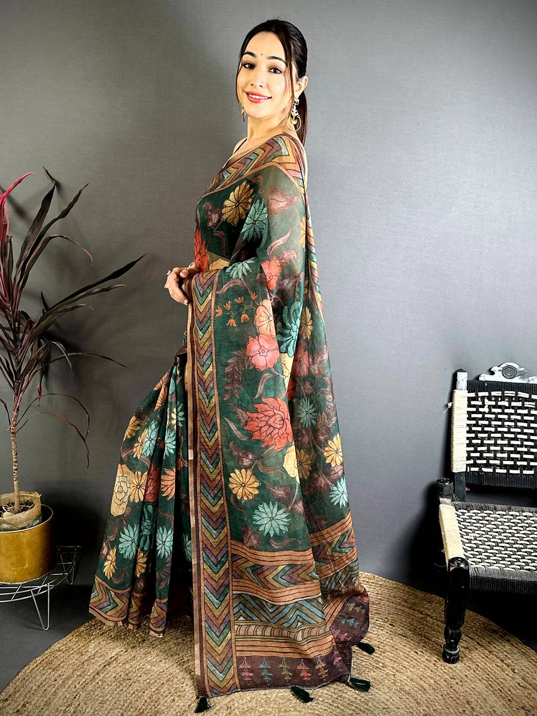 Green Kalamkari Linen Chanderi Saree