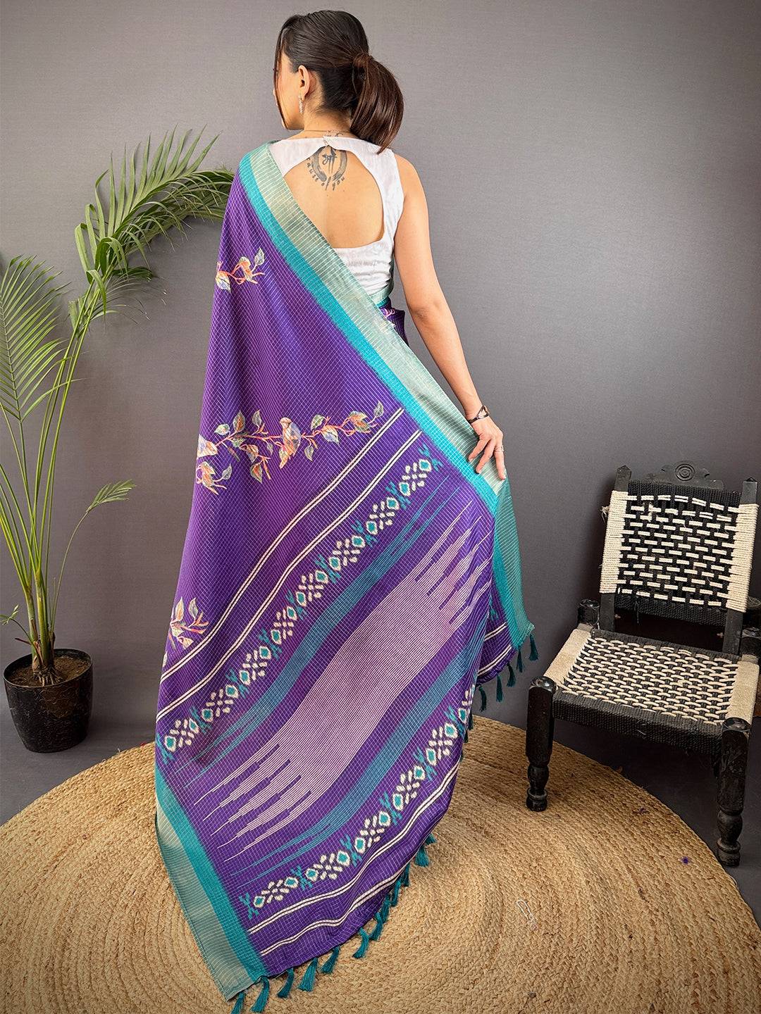 Purple Chanderi Check Sparrow Print Saree