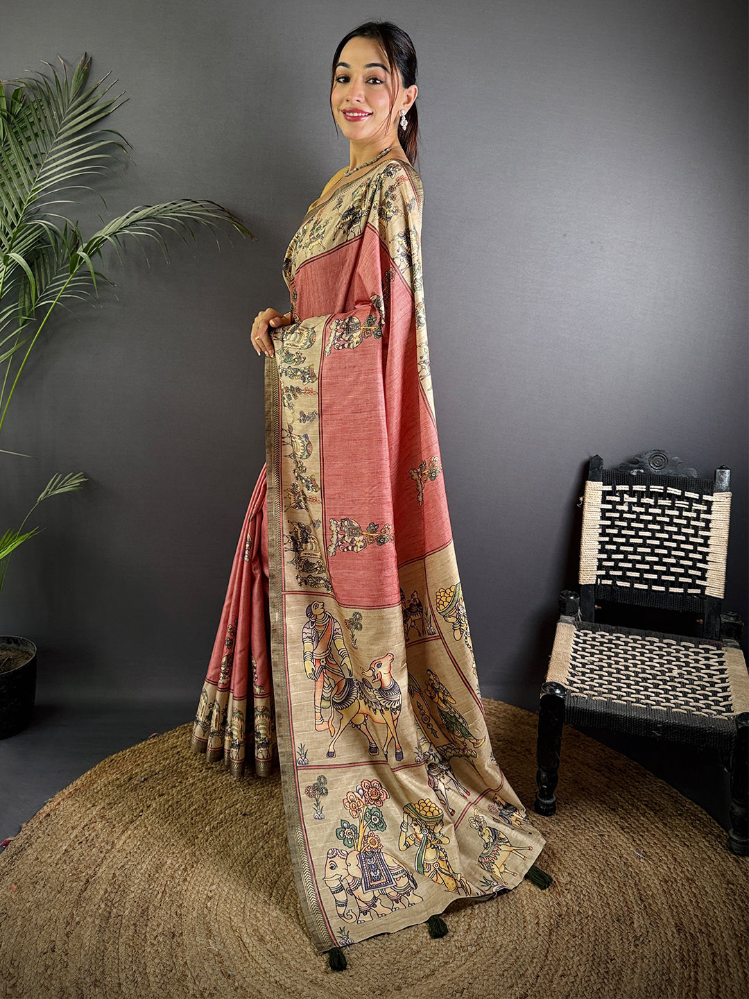 Dusty Pink Digital Kalamkari Printed Saree