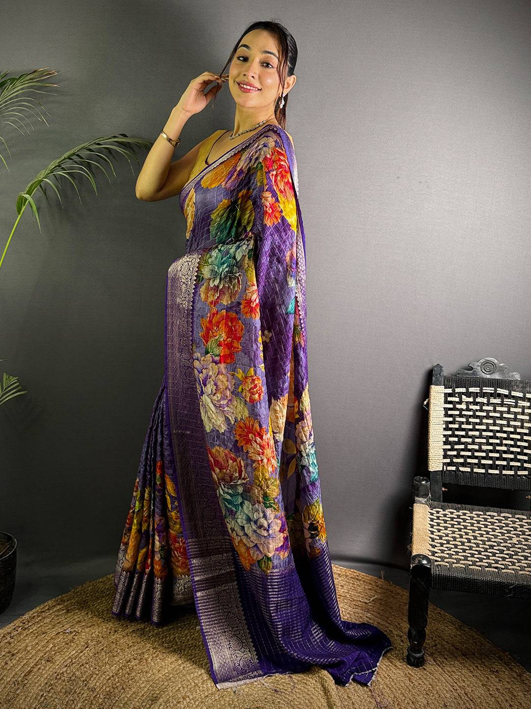 Violet Pure Viscose Kalalmkari Print Saree