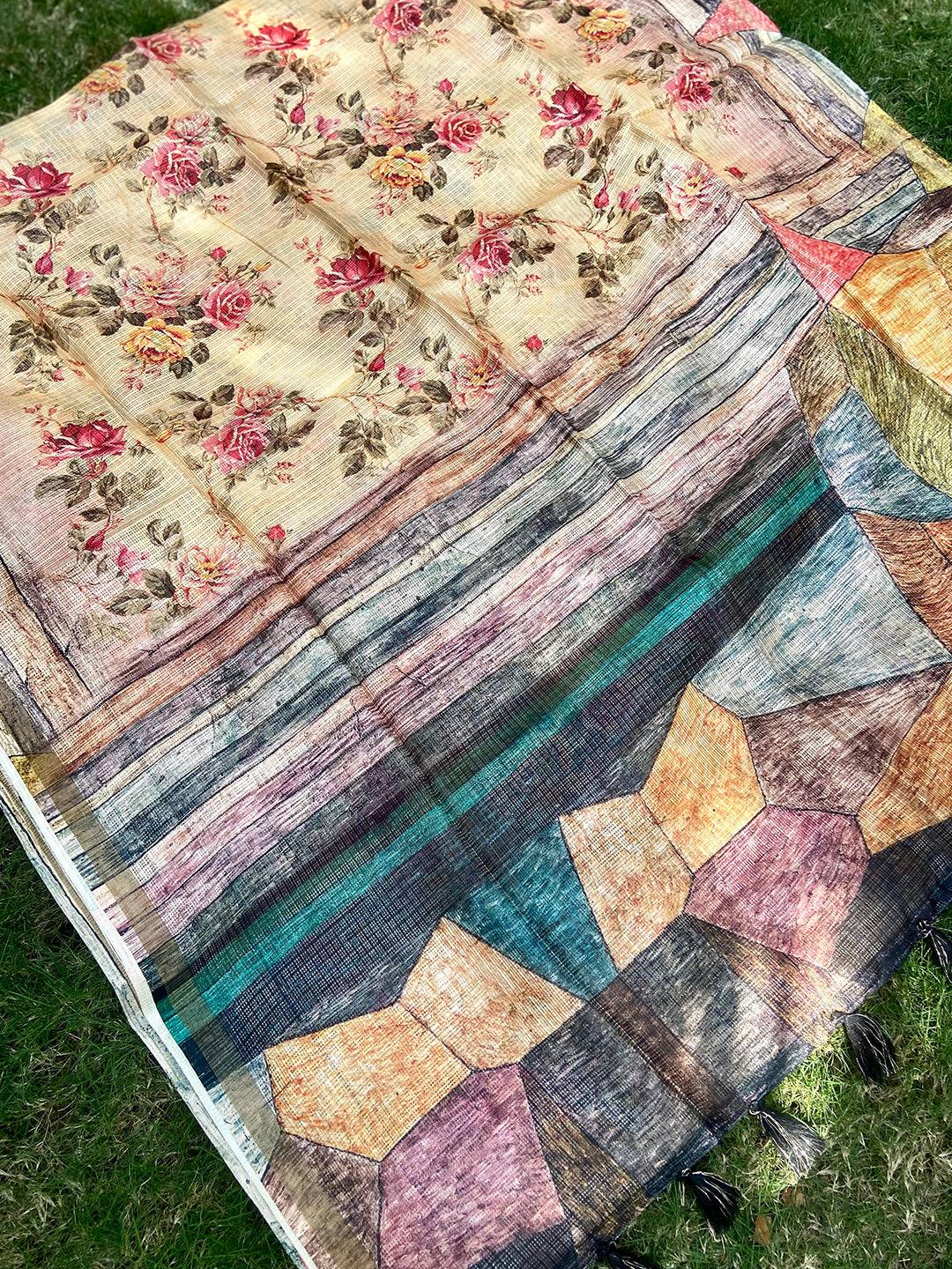 Cream Kota Doriya Silk Saree With Flower & abstect Prints