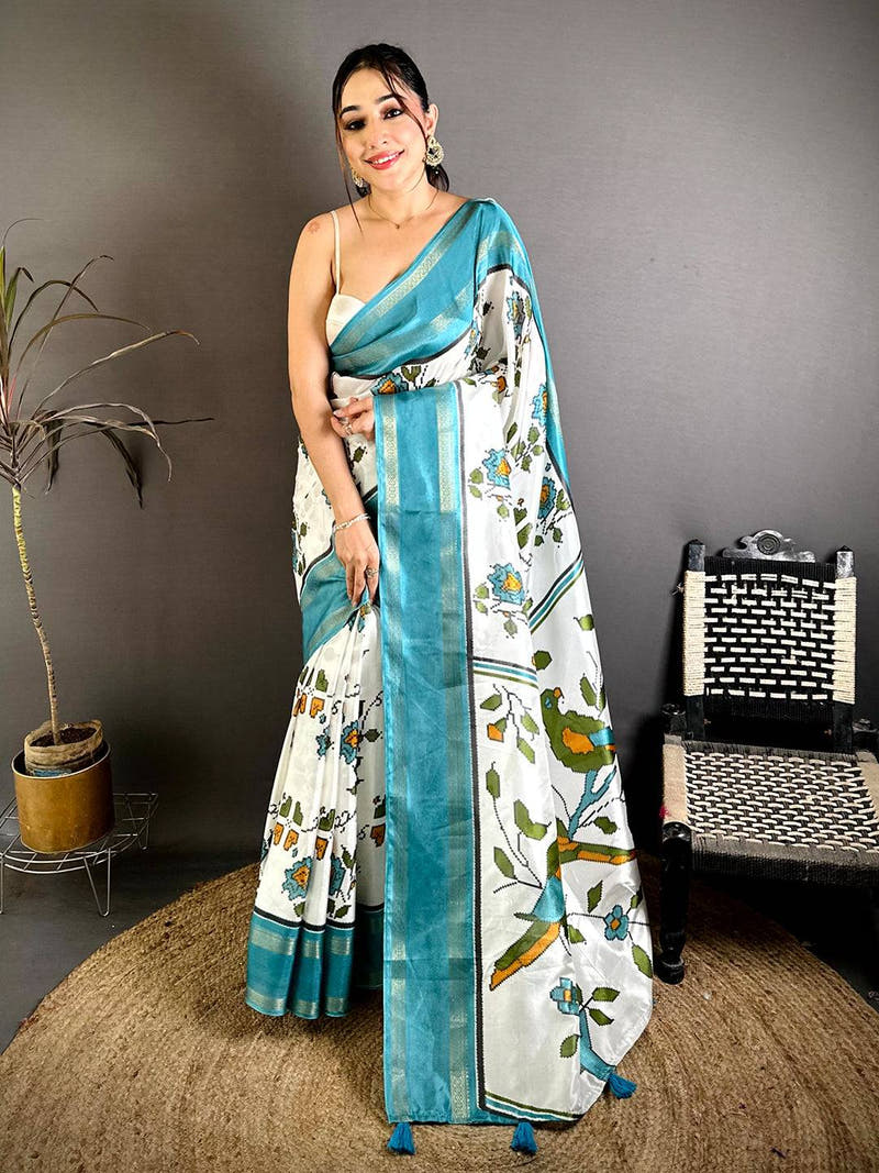 Sky Soft Dola Floral Print Gadwal Border Saree