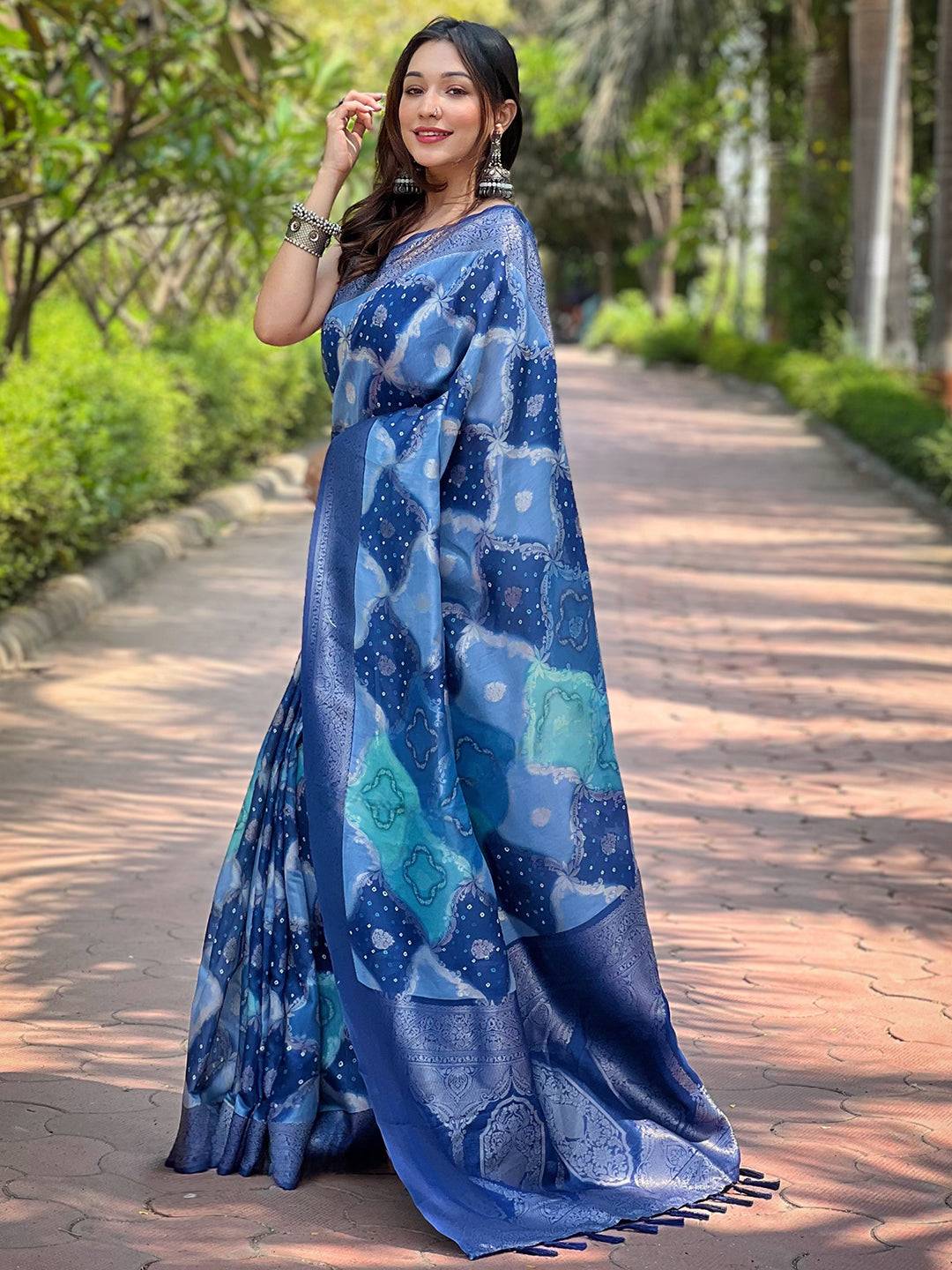 Stylish Blue Banarasi Saree with digital block print