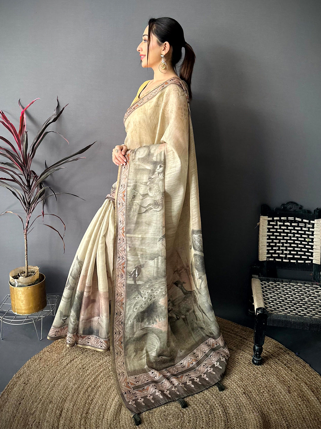 Classic Art Poster Pallu Kalamkari Linen Saree