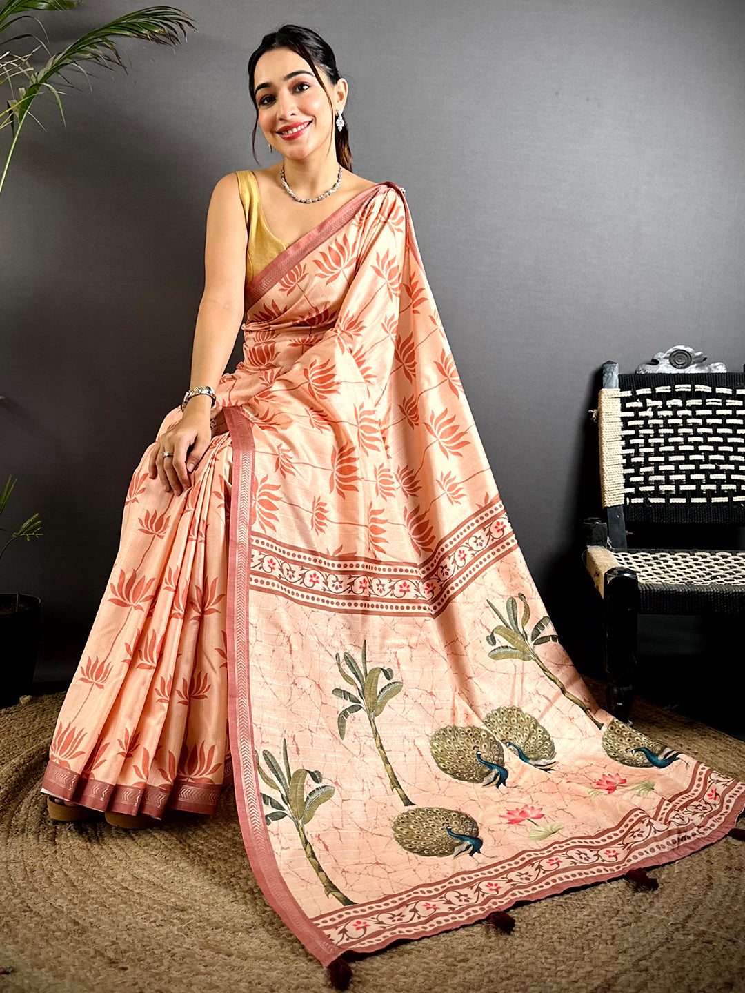 Peach Tussar Ghicha Pichwai Fusion Saree