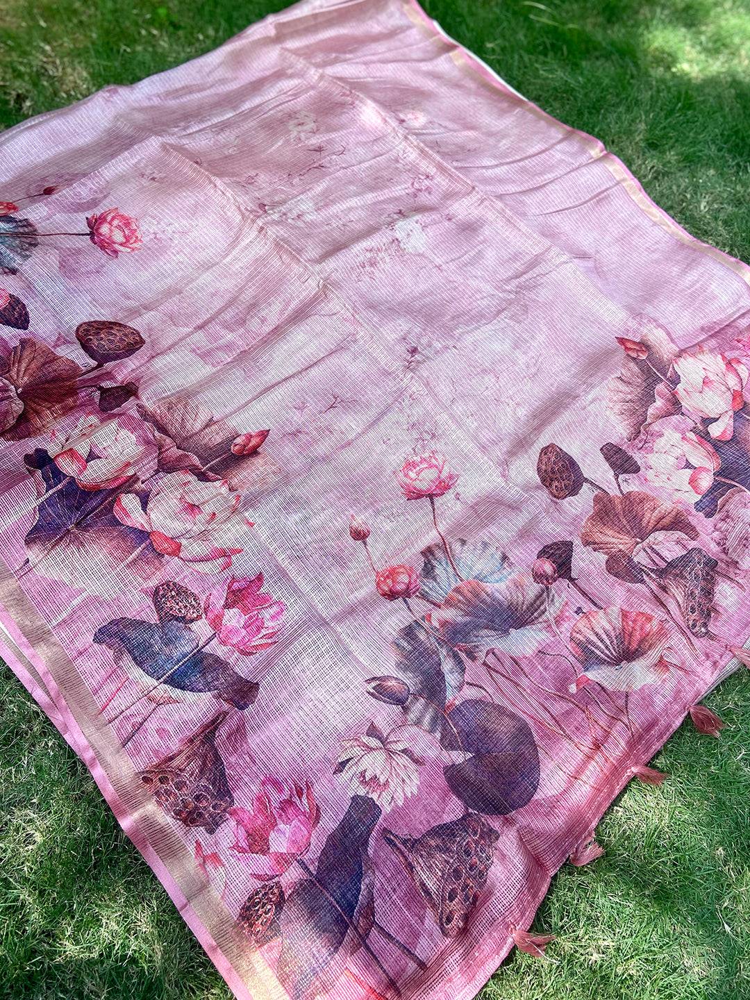 Soft Kota Doriya Silk Saree With Flower Prints & Rich Pallu