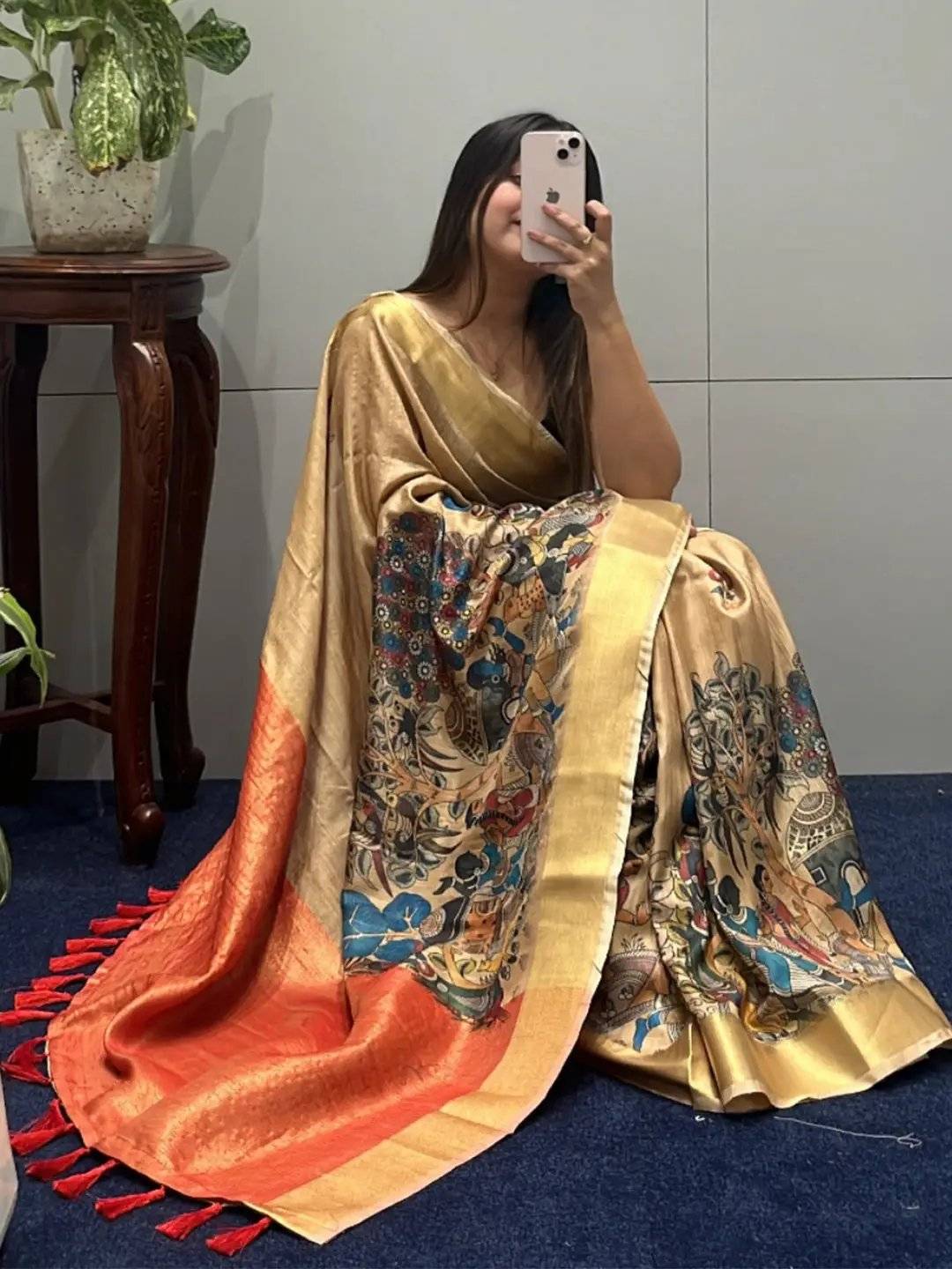Elegant Kalamkari linen tissue saree with intricate design Vastranand