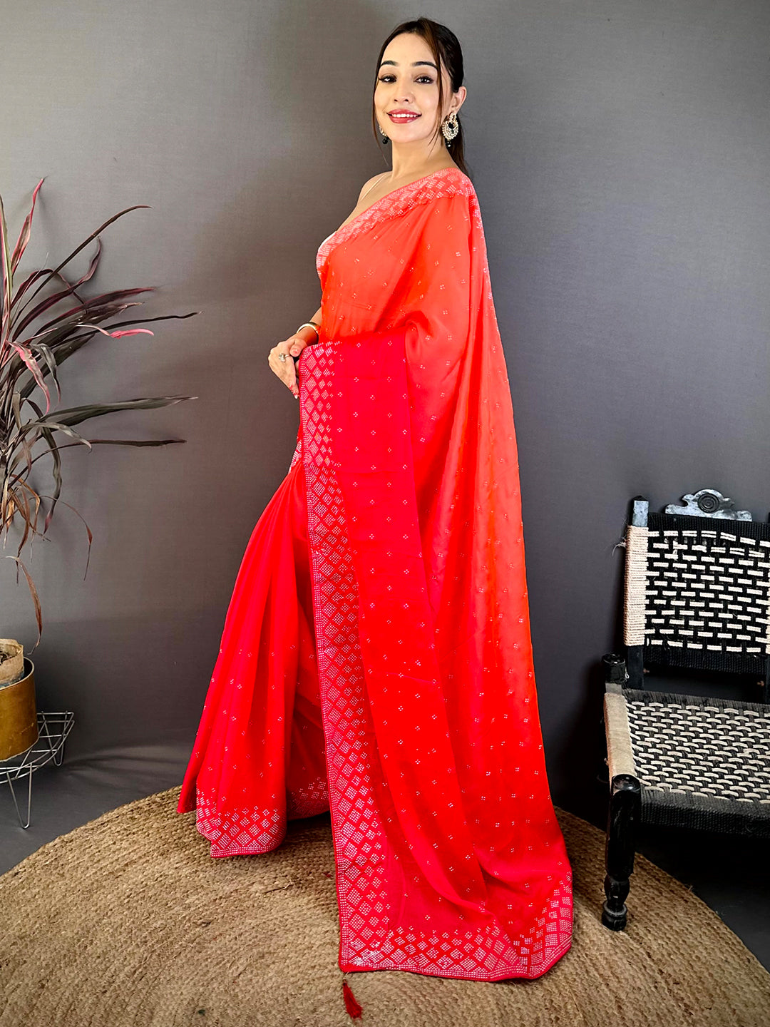 Stylish Satin Silk Swarovski Work Saree