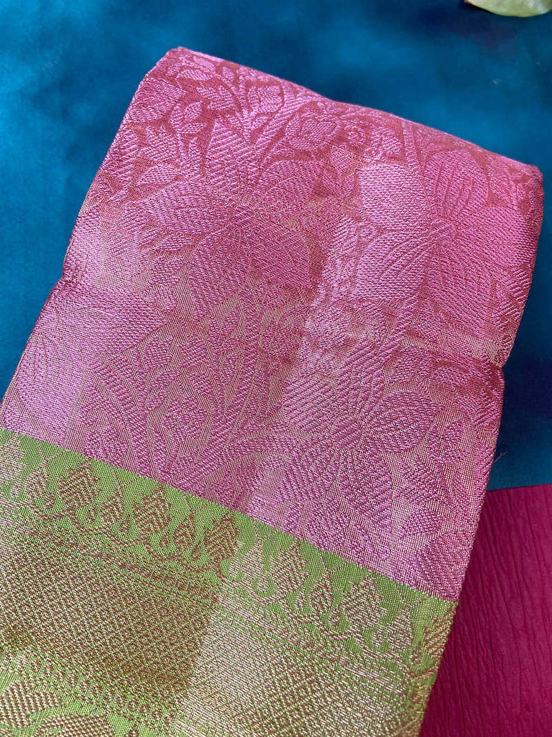 Flamingo Pink Dupion Silk With Ethnic Motifs Saree