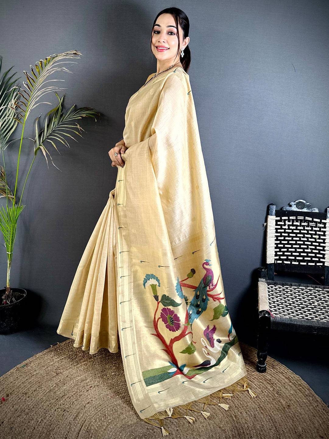 Off White Minakari Grace Khadi Linen Saree
