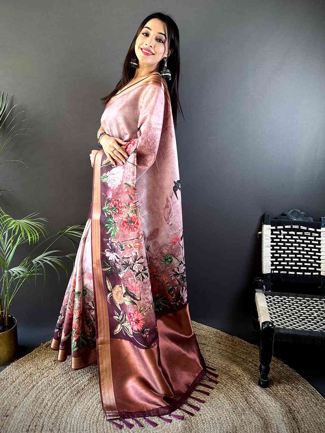 Rose Pink Floral Grace Soft Silk Tissue Saree