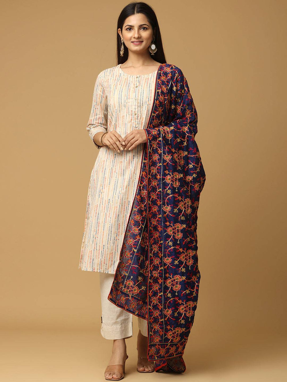 Front view of navy threadwork pashmina dupatta