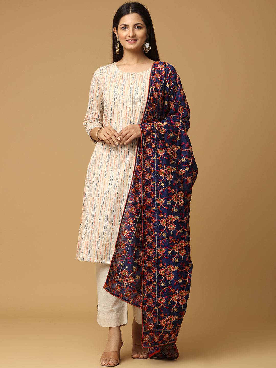 Front view of navy threadwork pashmina dupatta