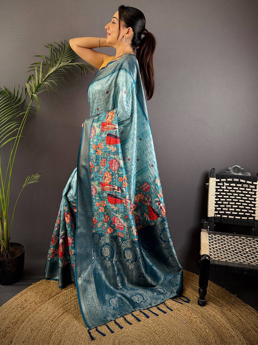 Denim Blue Banarasi Silk Digital Printed Saree