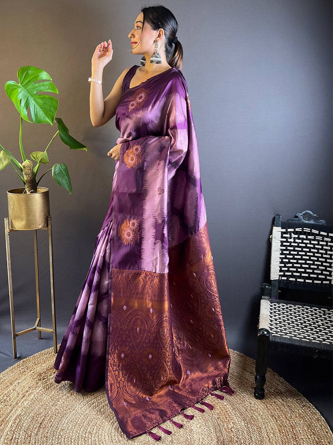 Elegant Lavender Tussar Silk Saree with Ikkat border