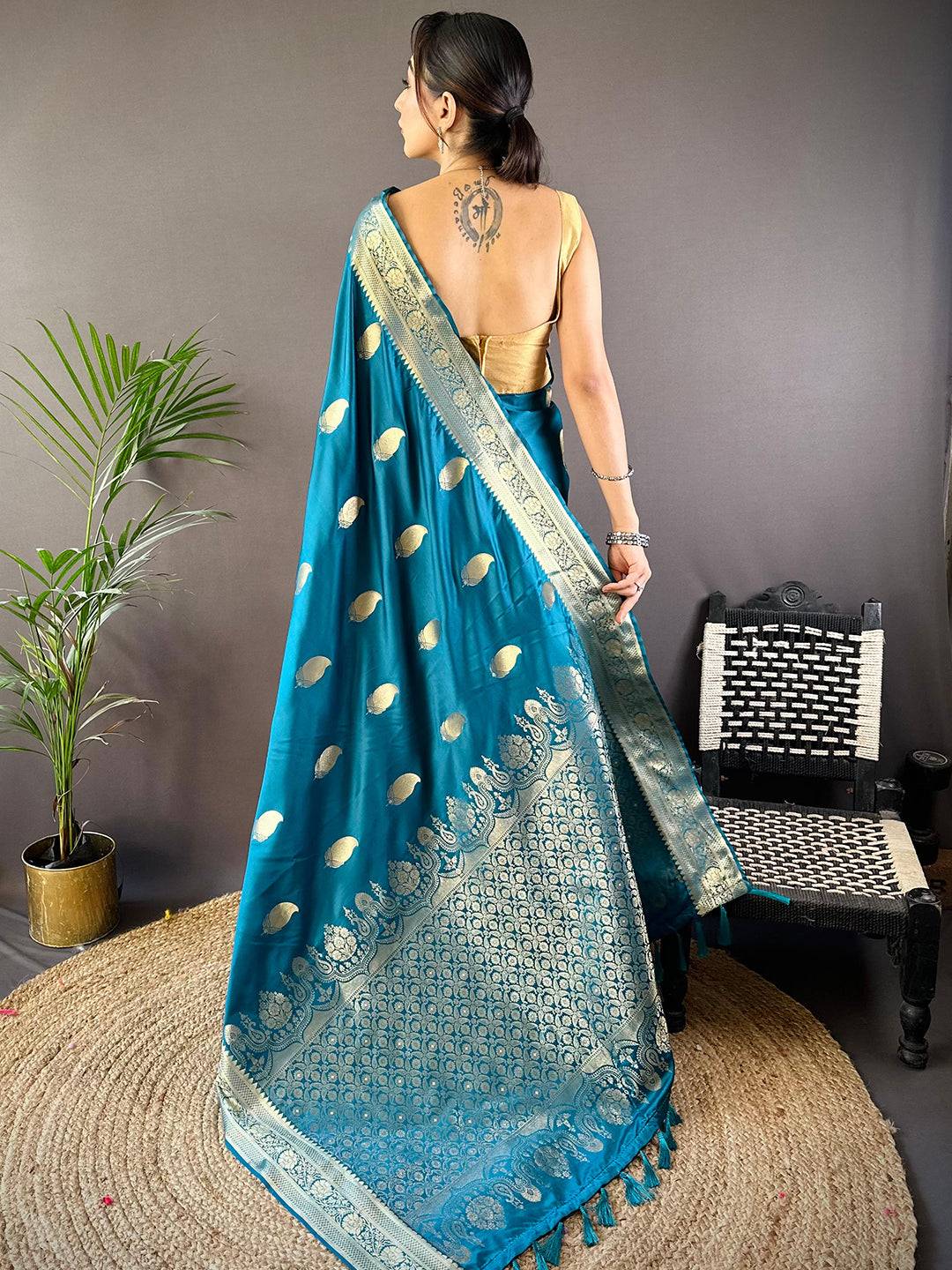 Teal Banarasi Soft Satin Masru Mango Silk Saree