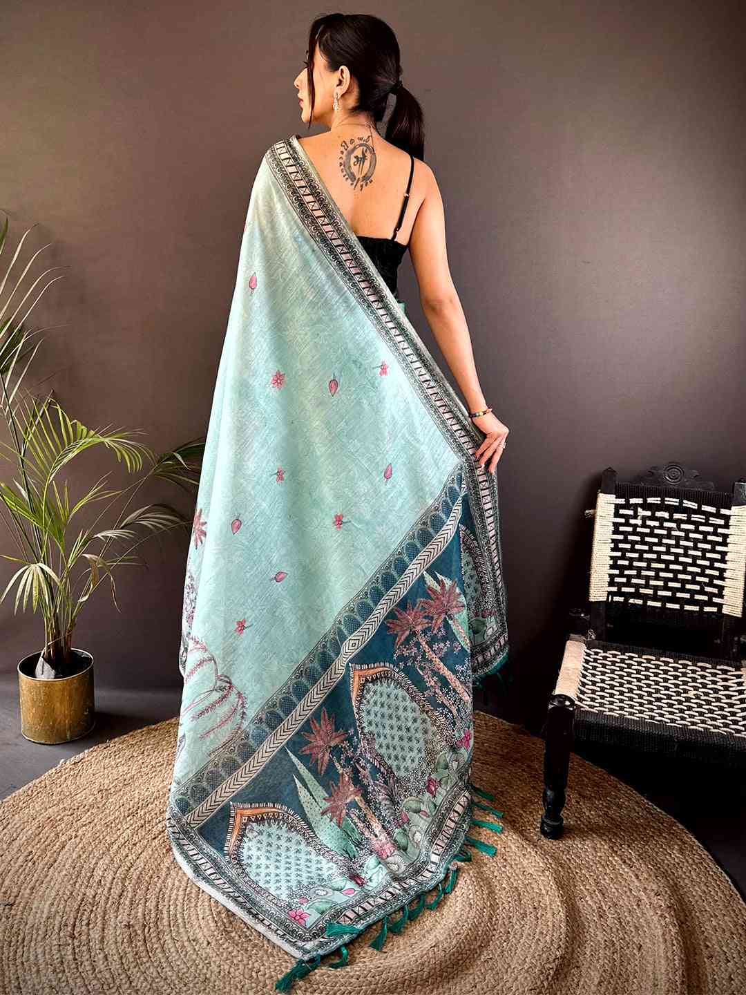 Sky Blue Tussar Floral Leaf Print Saree