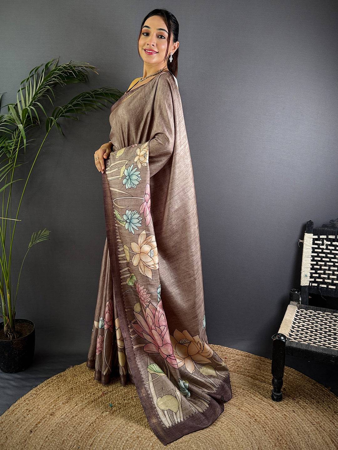Regal Brown Tussar Ghicha Silk Saree
