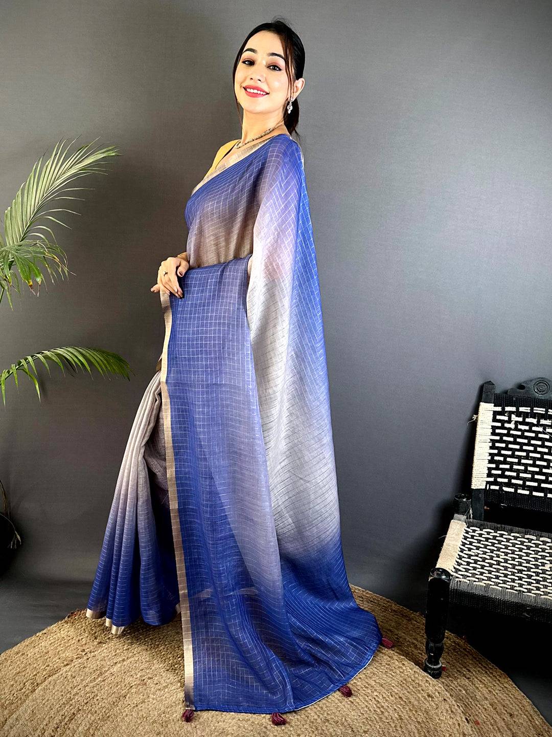 Opulent Self Chex Linen Zari Saree