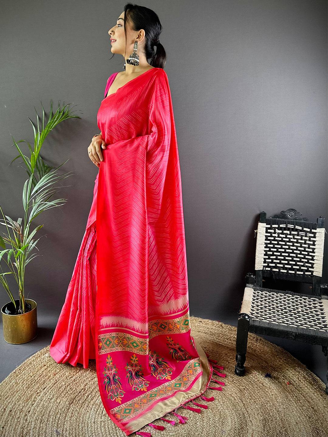 Deep Pink Leheriya Gamthi Silk Sarees