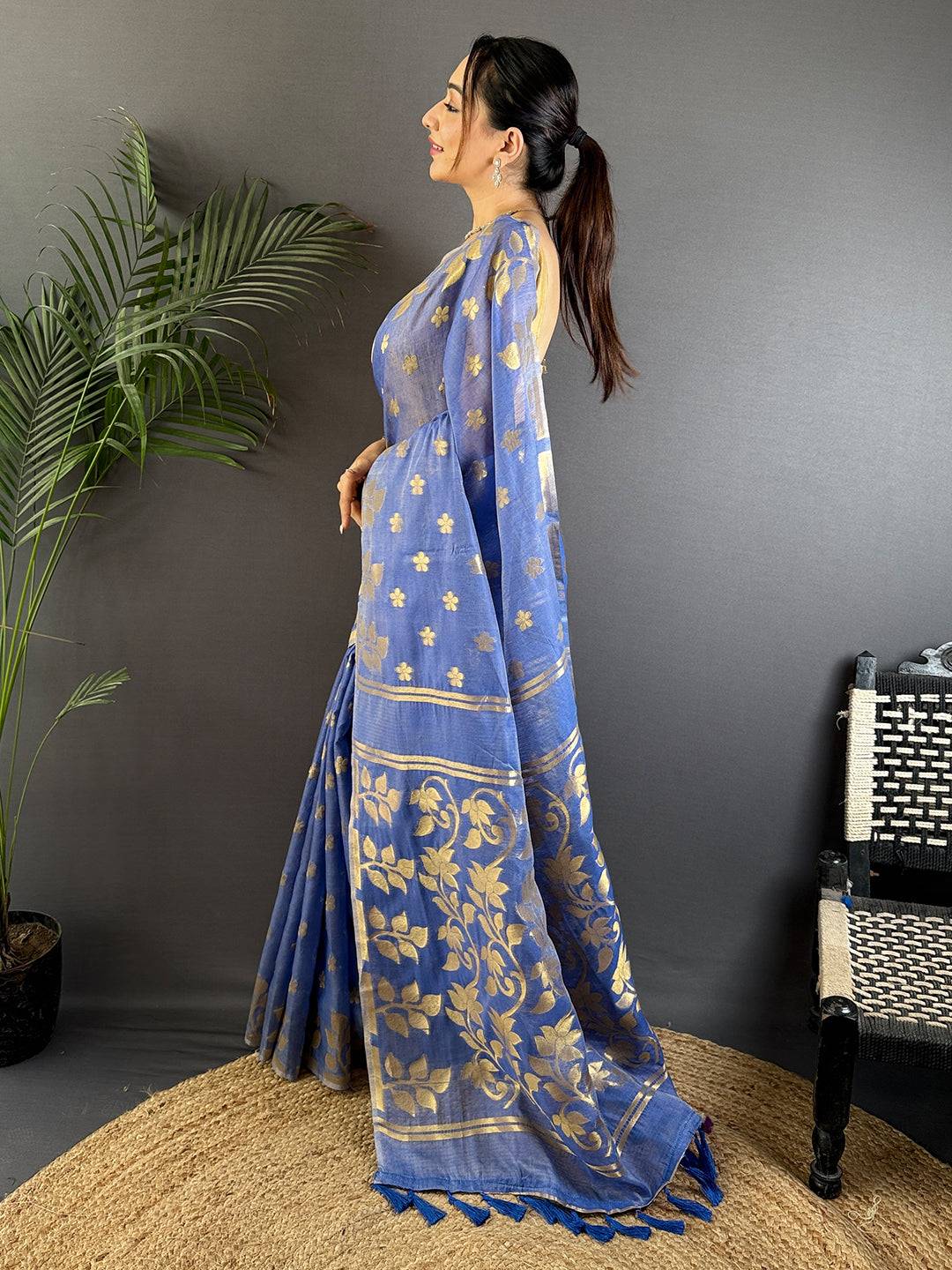Radiance Blue Dhakai Cotton Silk Saree