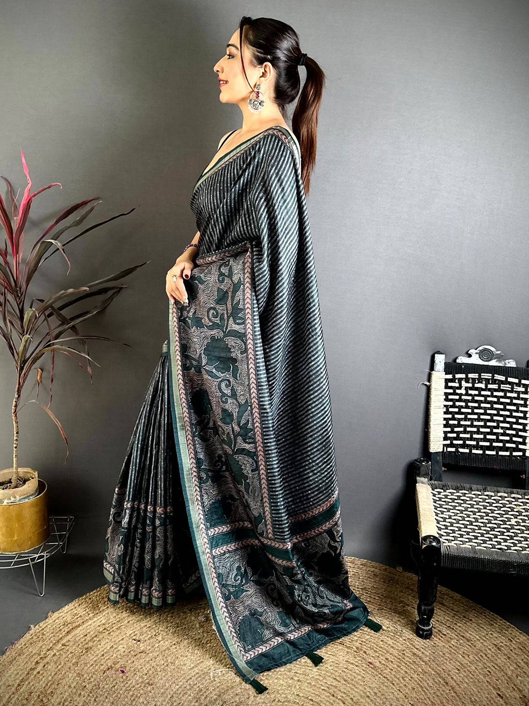 Bottle Green Digital Katha Work Saree