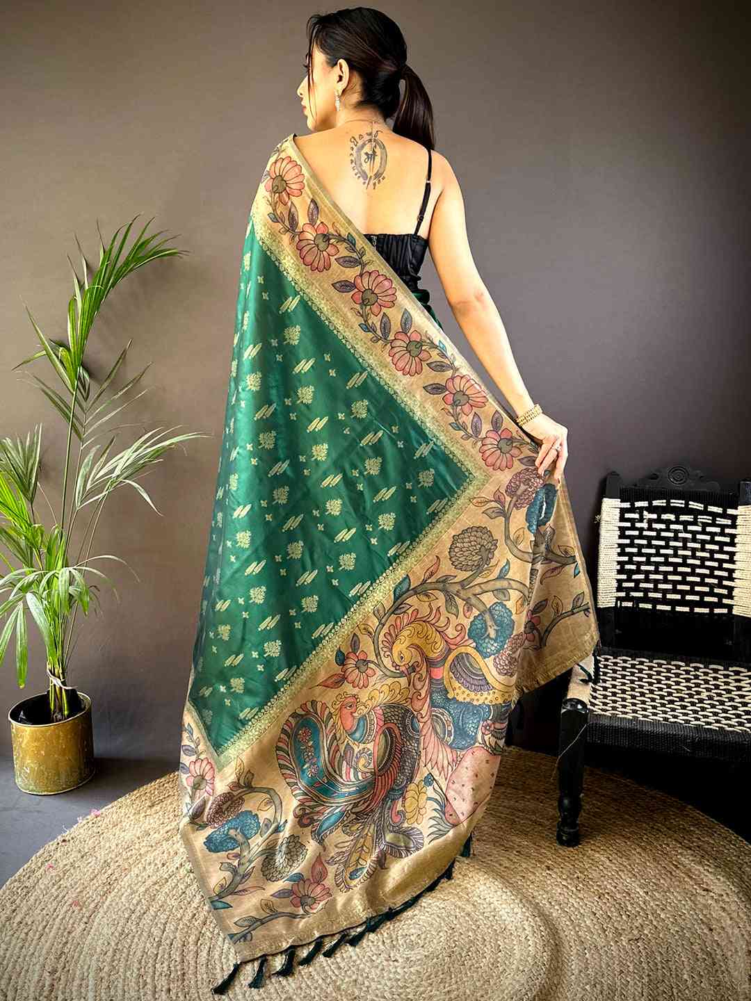 Green Soft Silk Kalamkari Printed Pallu Saree