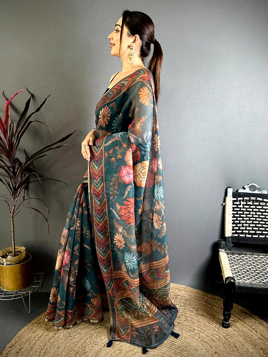 Teal Kalamkari Linen Chanderi Saree