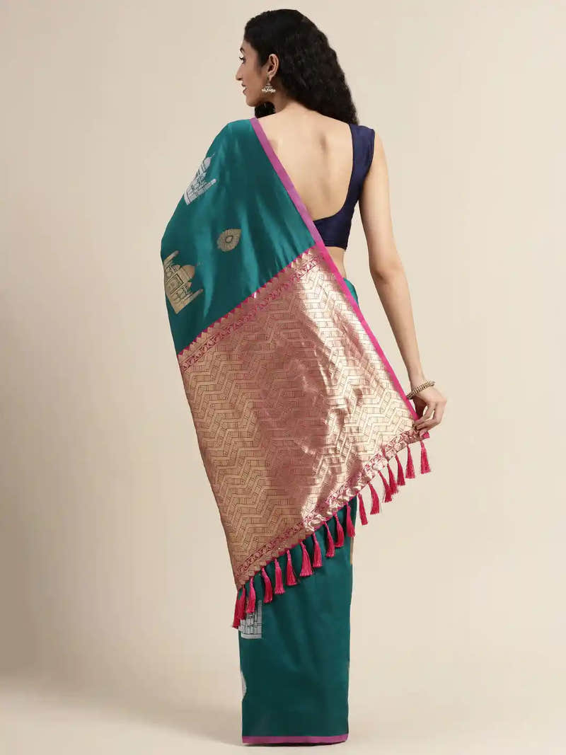 Trendy Rama Colour Silk Blend Woven Design Banarasi Saree