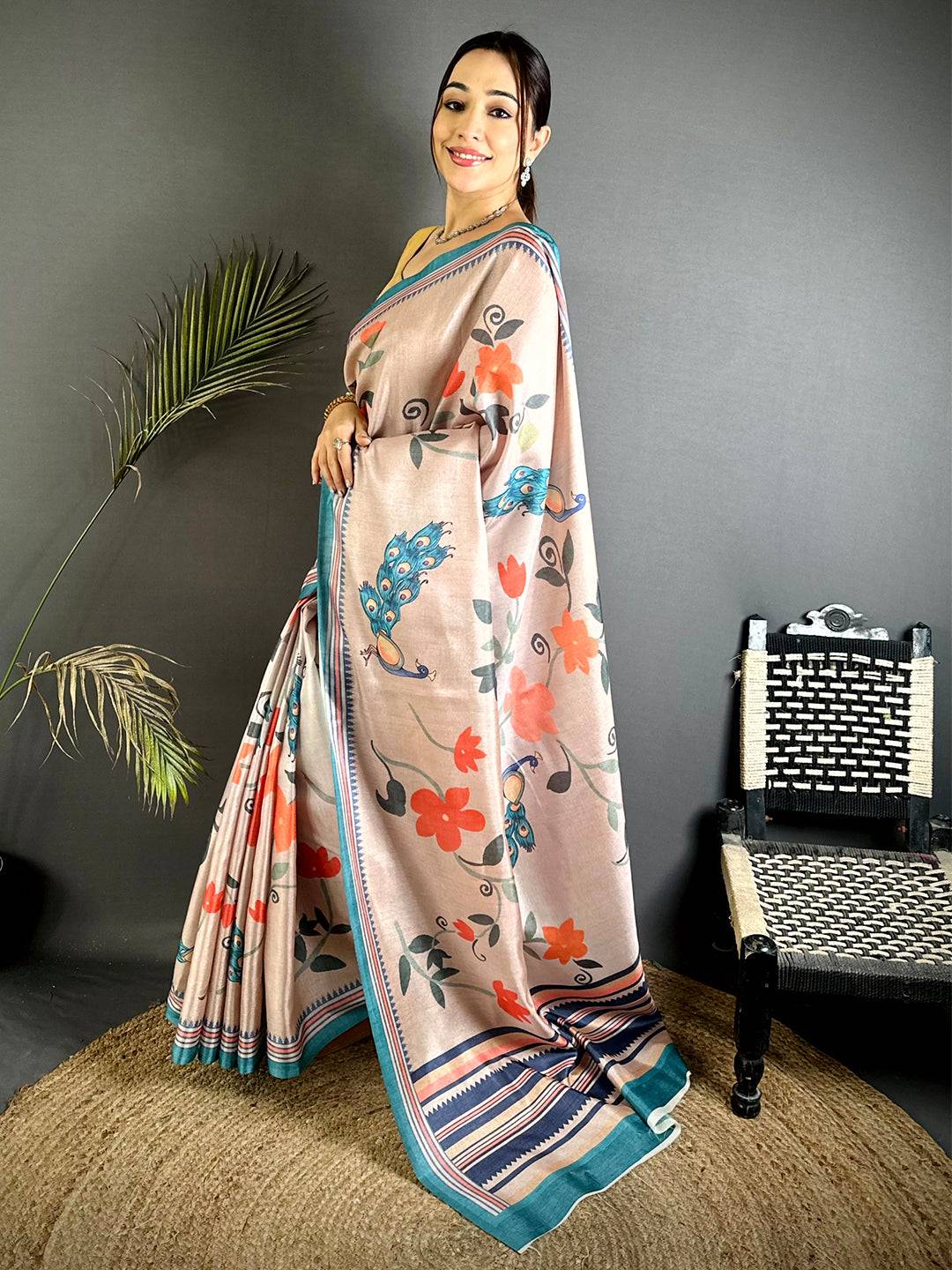 Pink Floral Tussar Ikkat Border Saree