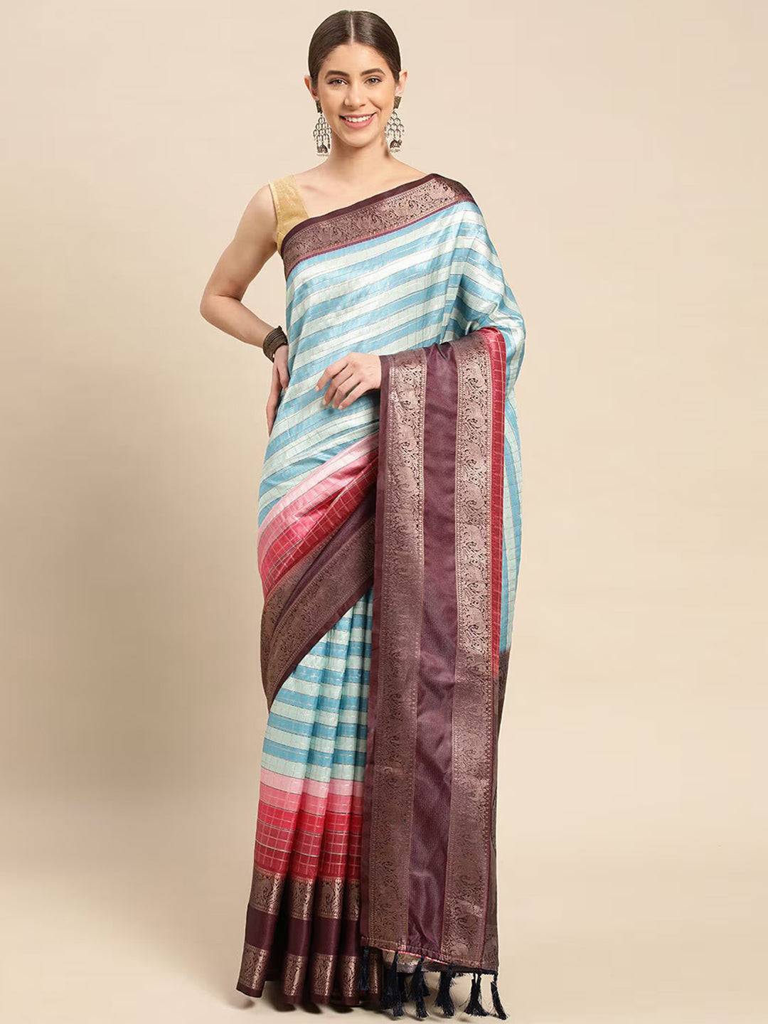 Full view of blue striped Banarasi silk saree with maroon border