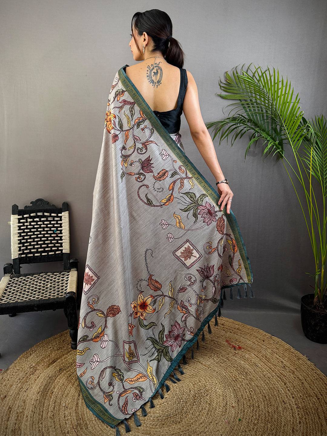 Grey Soft Silk Floral Print Saree