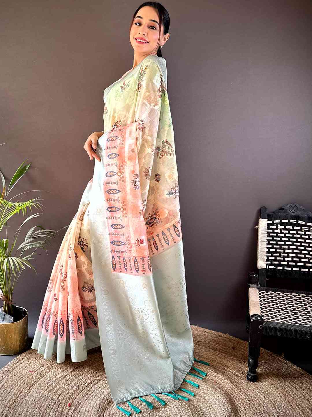 Lakhani Cotton Ombre Kalamkari Saree